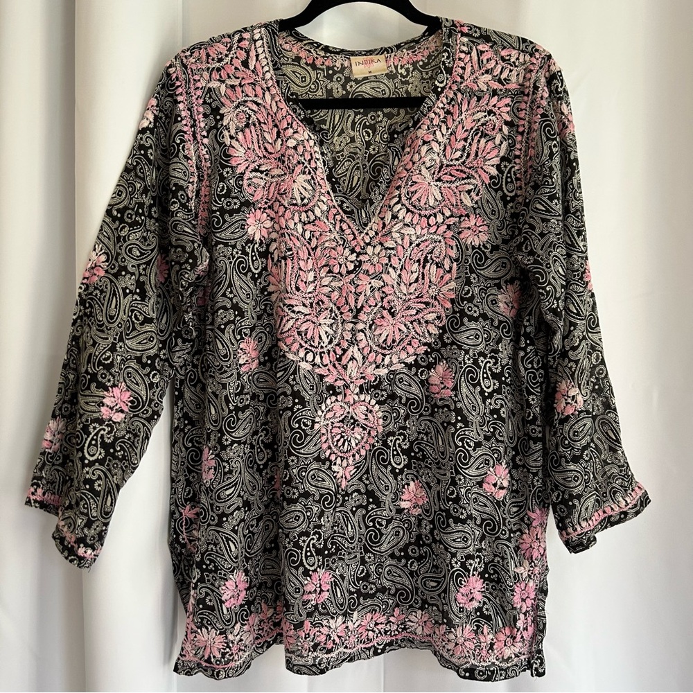 Indika Black & Pink Hand-Embroidered Lucknowi Chikankari Tunic EUC